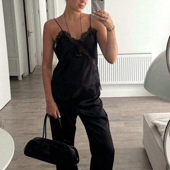 Women's Satin Lace Trim Camisole top Black - Picture 2 of 5